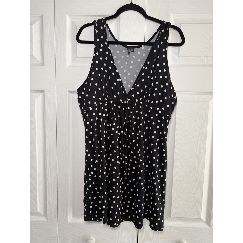 Portocruz Polka Dot Empire Waist Tunic Womens XL Black White Sleeveless Stretch